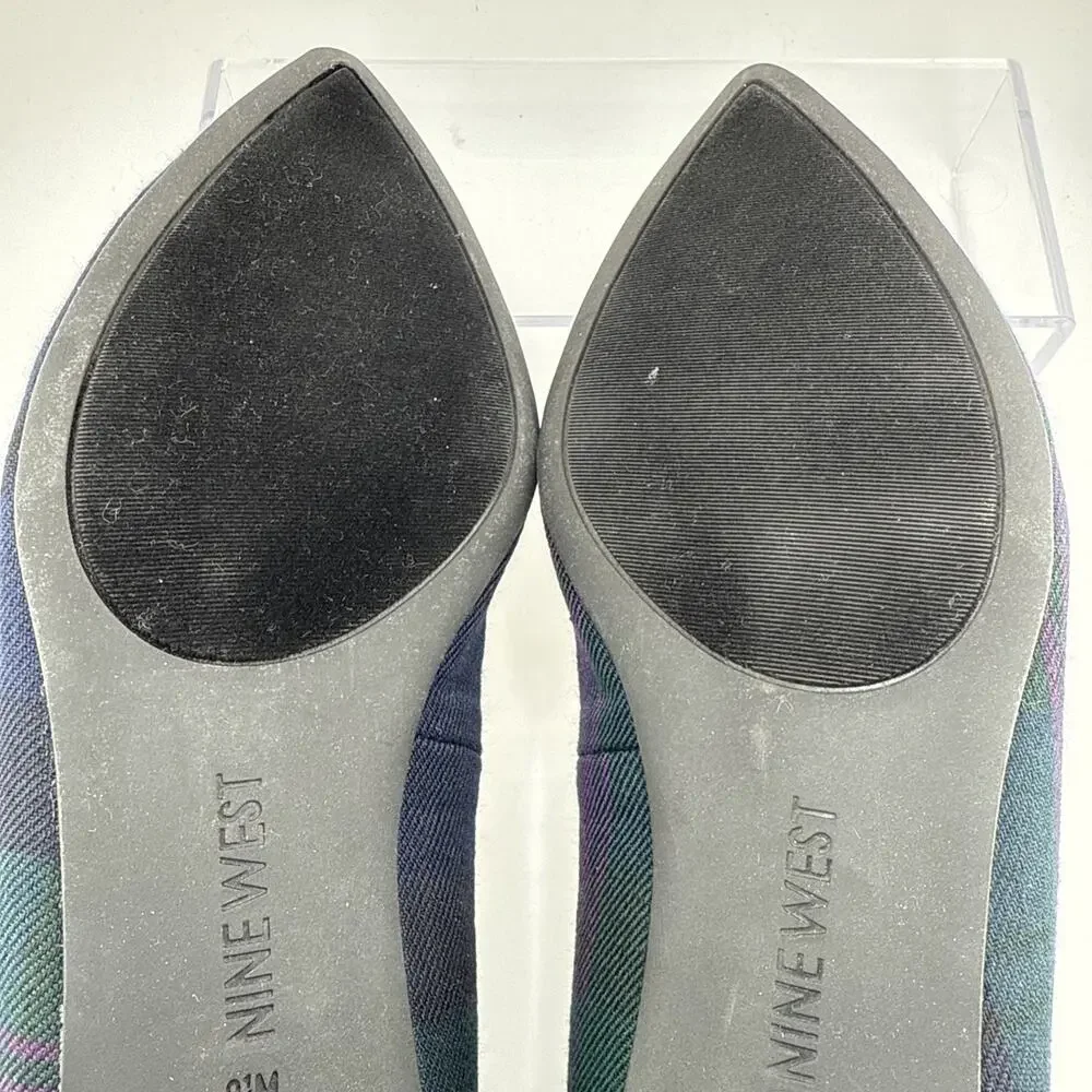 Nine West Women's Onlee Multicolor Plaid Fabric Pointed Toe Flats Size 8 M NWB